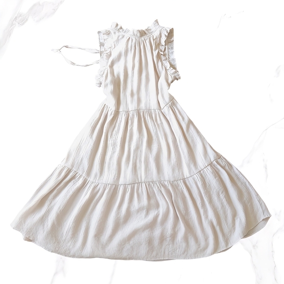 Lavila Cream Ruffle Sleeve Tiered Midi Dress Tie Neck Lightweight Boho M - Picture 1 of 8